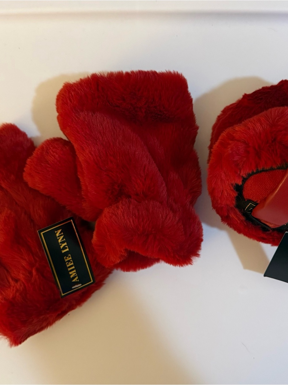 Red Faux Fur Fingerless Gloves and earmuffs.
